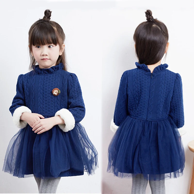 Childrens Dress Sweater for Girl Crochet Winter Long Sleeve Warm Casual