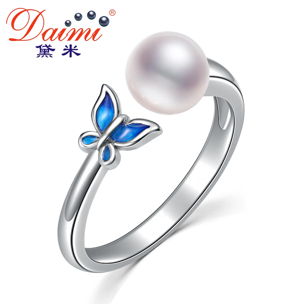 

DAIMI Butterfly Ring 5-6mm Freshwater Pearl Ring 925 Silver Adjustable Ring Gift Jewelry