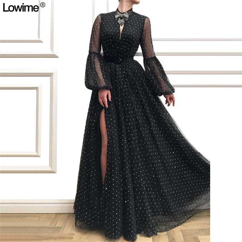 Lowime Abiye Gece Elbisesi Dubai Evening Reflective Dresses A-Line O-Neck Sexy Split Prom Party Dress Long Sleeves Vestidos (1)