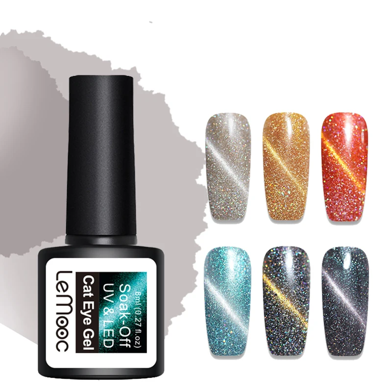 

LEMOOC 8ml 3D Magnetic Effect Cat Eye Gel Nai Polish Holographic Laser Soak Off Nail Art Gel Varnish Manicure 6 Colors Available