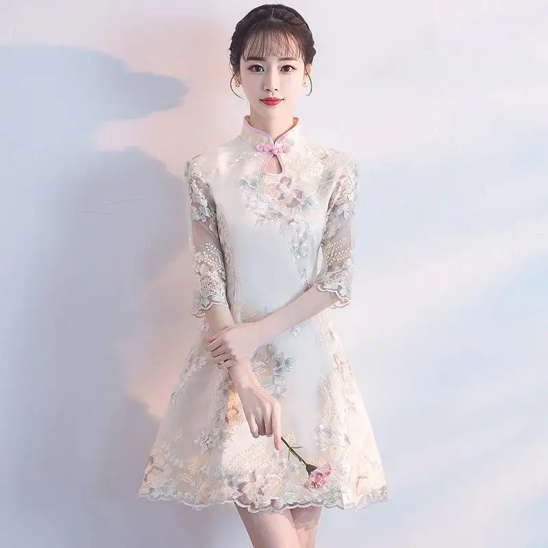 Новинка, кружевное мини платье чонсам, традиционное китайское платье с цветочной вышивкой, классическое платье ручной работы на пуговицах, Qipao Vestidos, размеры S-3XL, Z-1023 - Цвет: Champagne 2