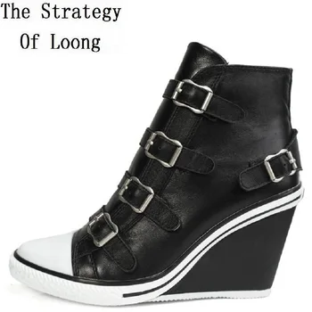

2019 Women Spring Autumn Genuine Leather Buckle Ankle Boots Real Leather Wedges Heels Winter Short Boots Vintage Shoes 20180211