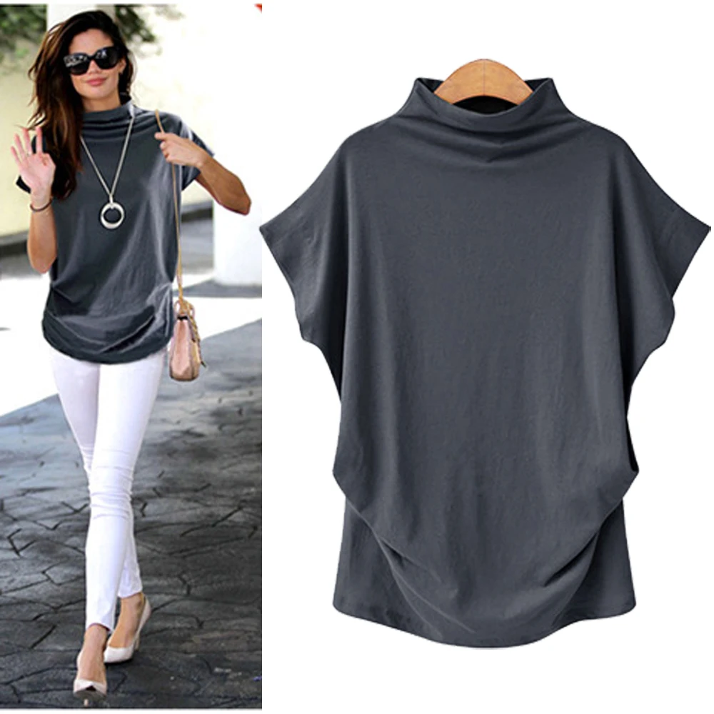 

Women Shirt Casual Turtleneck Short Sleeve girl Solid Casual Blouse Top Shirt female Plus Size Solid girl clothing fashion