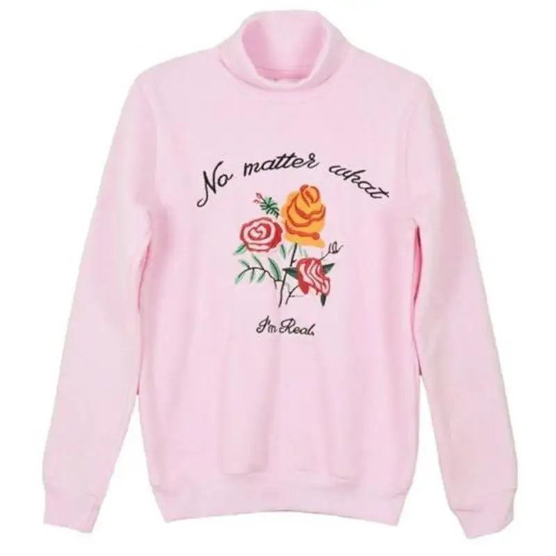 

2019 Women's Tunic Japan Ulzzang Retro High Neck Embroidery Rose Svitshot Fleece Letter Female Kawaii Sweatshirt For Women