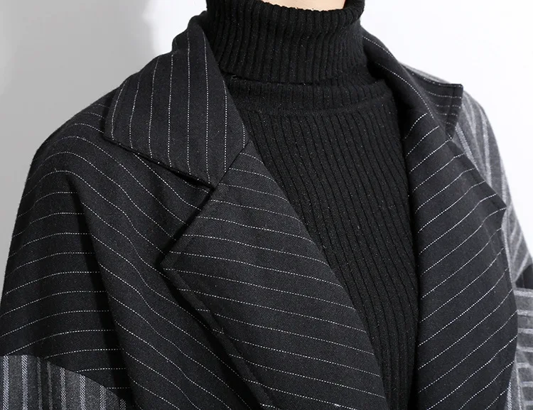 [EAM] 2019 New Spring Winter Lapel Long Sleeve Solid Color Striped Split Joint Loose Big Size Dress Women Fashion Tide JD394