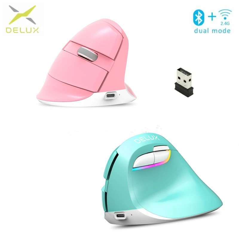 

Delux M618Mini Bluetooth 4.0 + 2.4G Wireless Vertical Mouse 2400DPI RGB Ergonomic Rechargeable Mice for PC notebook Smart Phone