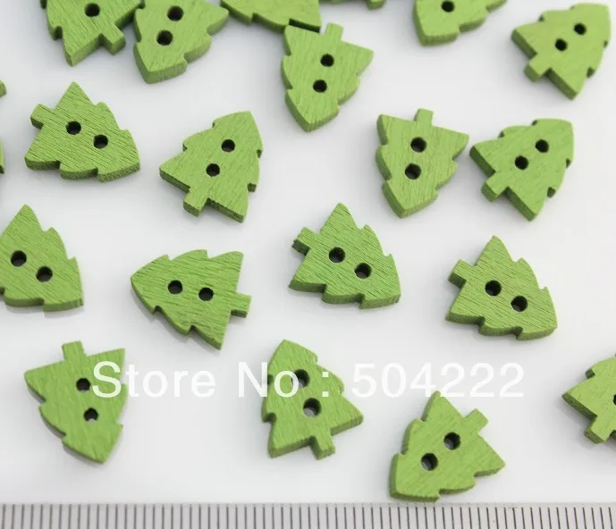 

100pcs little green painted pine tree christmas tree wood Buttons - Cute tree Shape Button cabochon charm 16mm beads