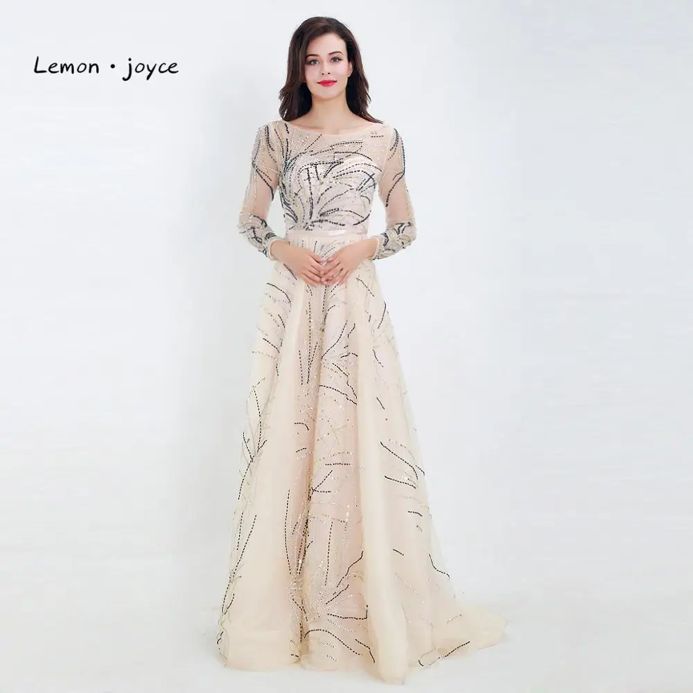 

Lemon joyce Formal Evening Dresses with Long Sleeves O-neck Illusion A-Line Prom Dress Party Gowns 2019 Plus Size