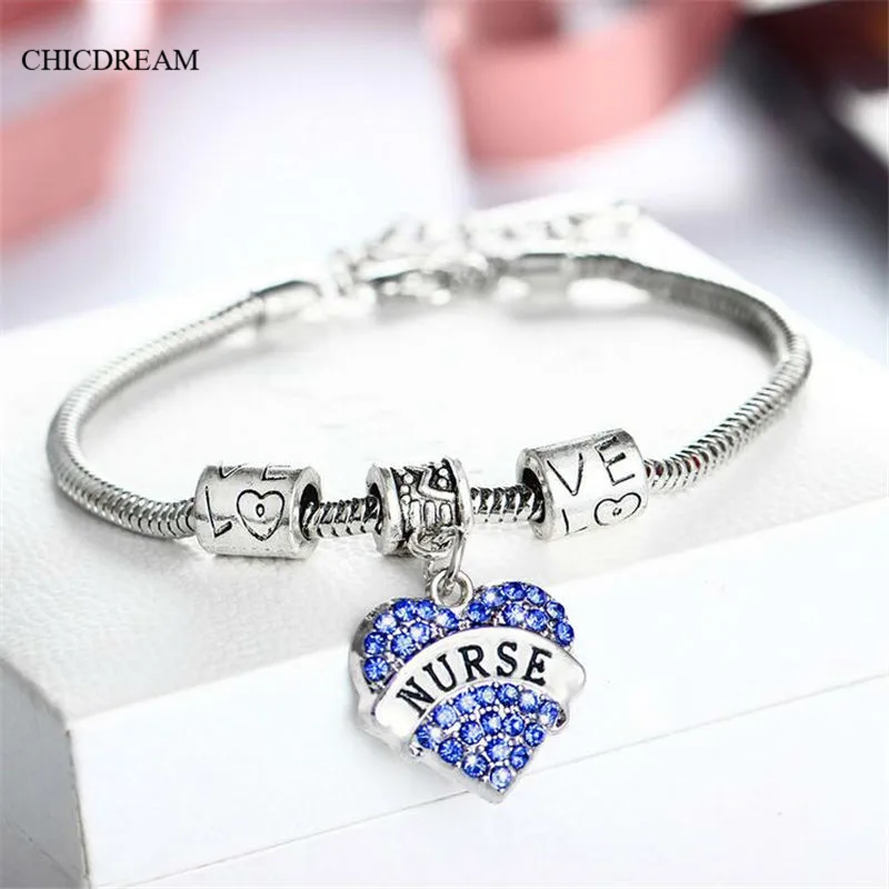 

Blue/Pink/Silver Statement Nurse Bracelet Engraved Gift Jewelry Full Crystal Adorned Heart Shape Lobster Claw For Nurse's day