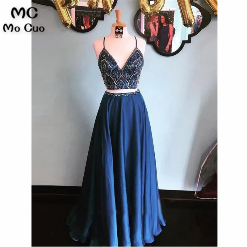 TWO PIECES PROM DRESSES SPAGHETTI STRAPS BEADING LONG PROM DRESS EVENING DRESSES