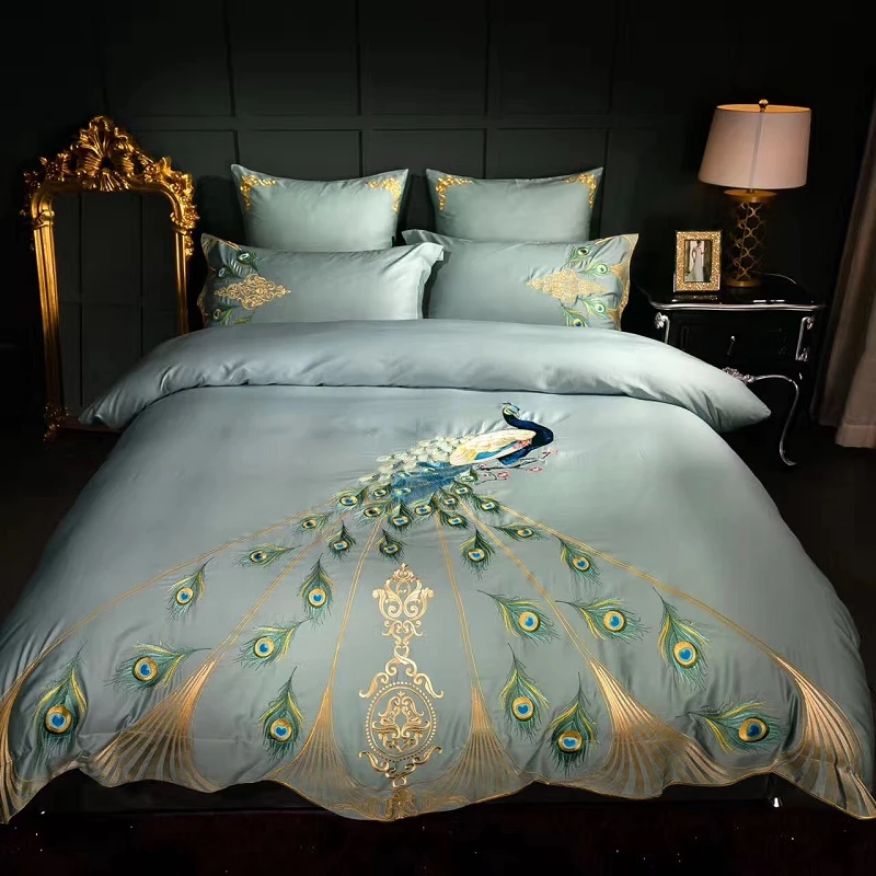 エジプト綿のベッドリネンセット,孔雀の刺繍が施された寝具セット,クイーンサイズとキングサイズの寝具,掛け布団カバー,4〜6個