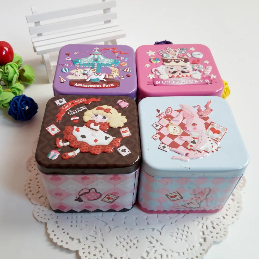 

Free ship!1 lot=12pc!fairy tale Nice cartoon square Iron box / food / tea / tin cans/gift metal case/storage wedding candy box