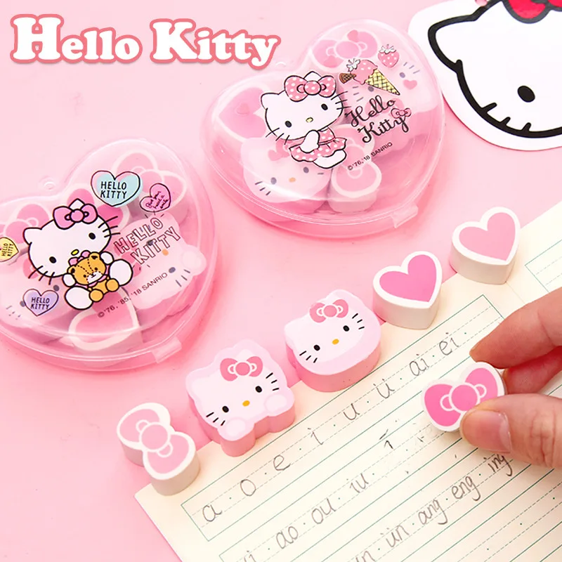 

6Pcs/Boxed Cartoon Cat Hello Kitty Heart Bowknot Eraser Cute Children Writing Correction Pencil Rubber Erasers Kawaii Gift