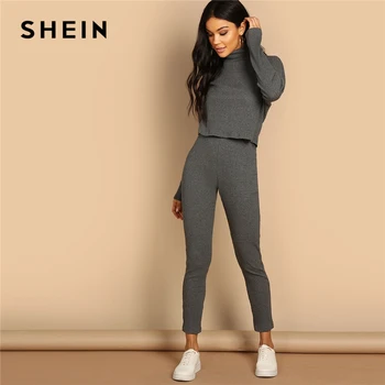 

SHEIN Grey Turtleneck Rib-knit Drop Shoulder Crop Top and Leggings Two Piece Sets Women Spring Casual Streetwear Two Piece Set