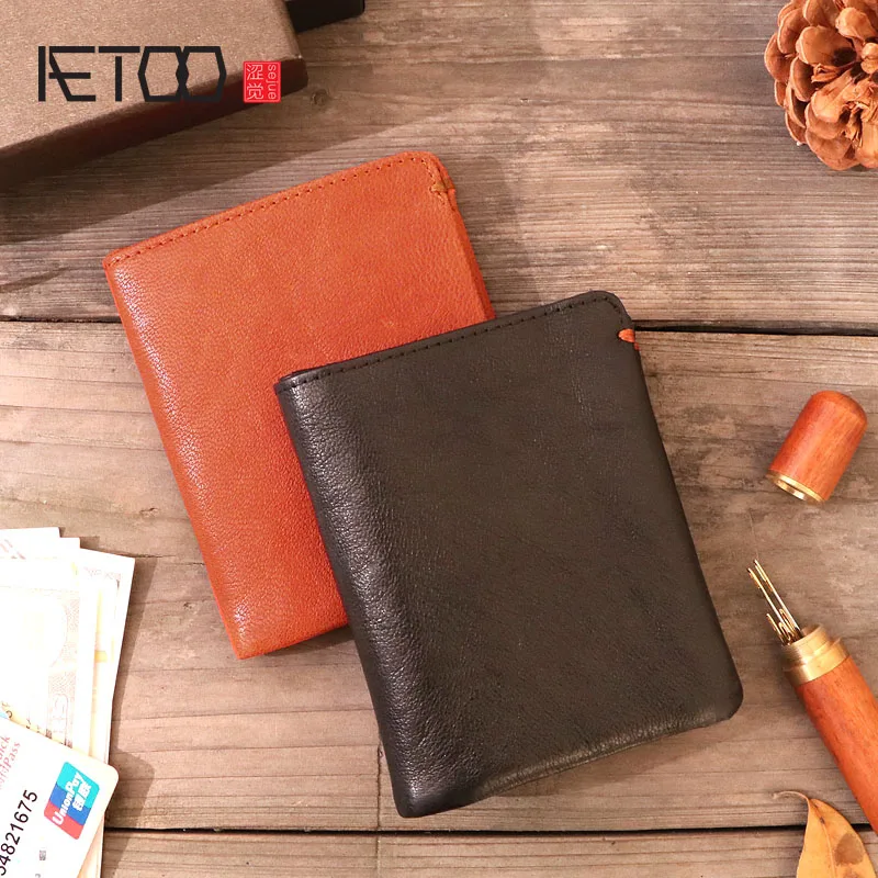

AETOO Leather wallet men's short paragraph soft section handmade men's wallet women's youth first layer leather retro slim walle