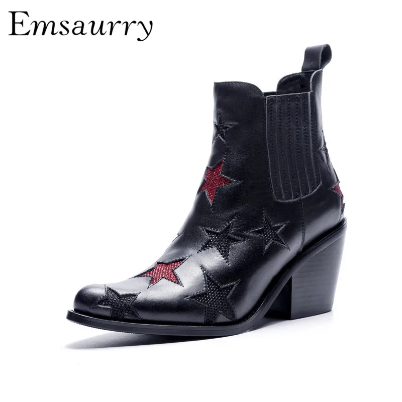 

Retro Martin Boots Point Toe Square Toe Slim Motorcycle Boots Bling Glitter Five-pointed Star Decor Ankle Boots Women