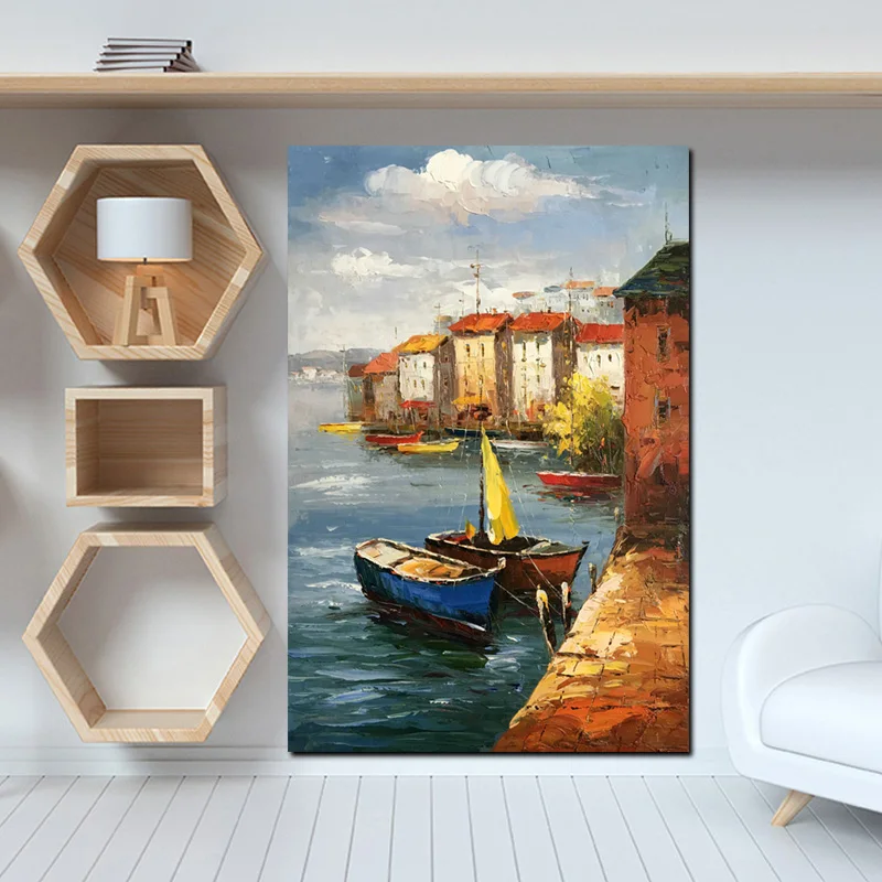 YWDECOR Hand Painted Seaport Village Canvas with boat Oil Paintings 60x90 cm Modern Abstract Wall Art Picute Postert Home Decor (2)