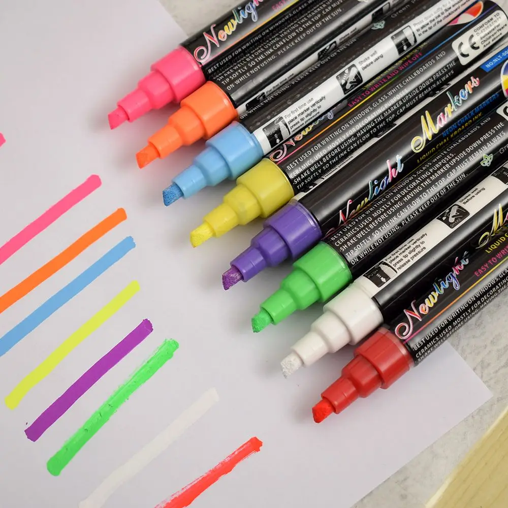 

8 Colours Highlighter Pen 5mm Liquid Chalk Fluorescent Neon Marker LED Glass board Art Marker Pens Office Supplies