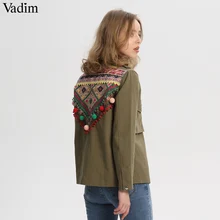 Vadim Женская винтажная куртка с вышивкой, пальто с меховым помпоном, лоскутные карманы, Плиссированные пальто с длинным рукавом, повседневные топы CA095