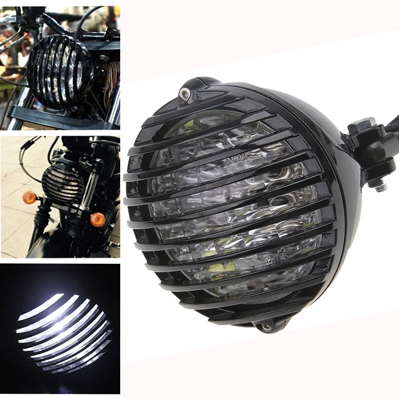 Motorcycle Finned Grill LED Headlight For Suzuki Chopper Bobber Cafe Racer Black