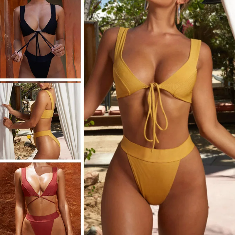 

Women Solid Bandage Bikini Set Push-up Bra High Waist Thong Summer Beach Swimwear Swimsuit XR-Hot