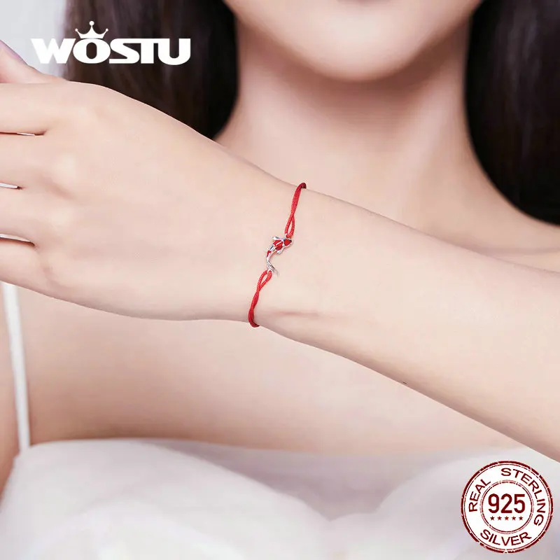 WOSTU, новинка,, настоящее 925 пробы, серебряный регулируемый браслет, красное звено веревки, цепь, означает удачу для вас, ювелирные изделия DXB145