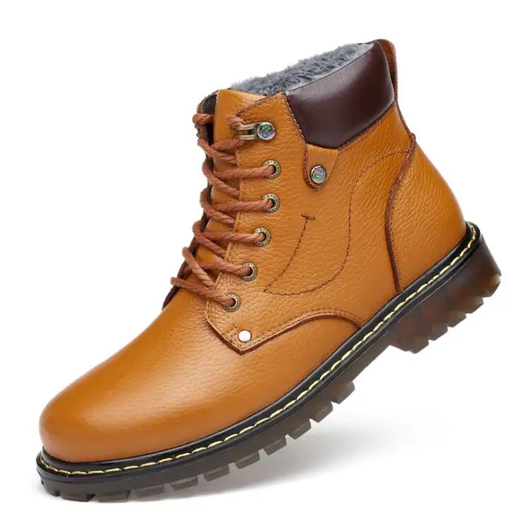 

AMSHCA Handmade Winter Boots Men Genuine Leather Boots Work Safety Shoes Plush Ankle Boots Warm Botas Hombre Plus Size 47 48