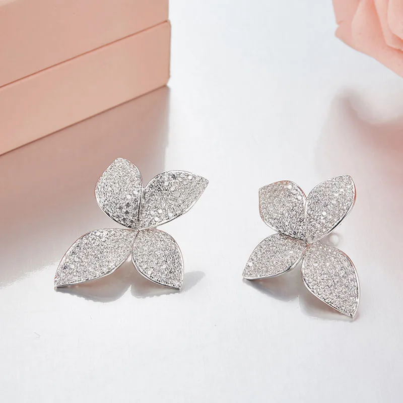 

SLJELY New 925 Sterling Silver Luxury Petal Flower AAA Cubic Zirconia Engagement Earrings Women Glitter Elegant Party Jewellry
