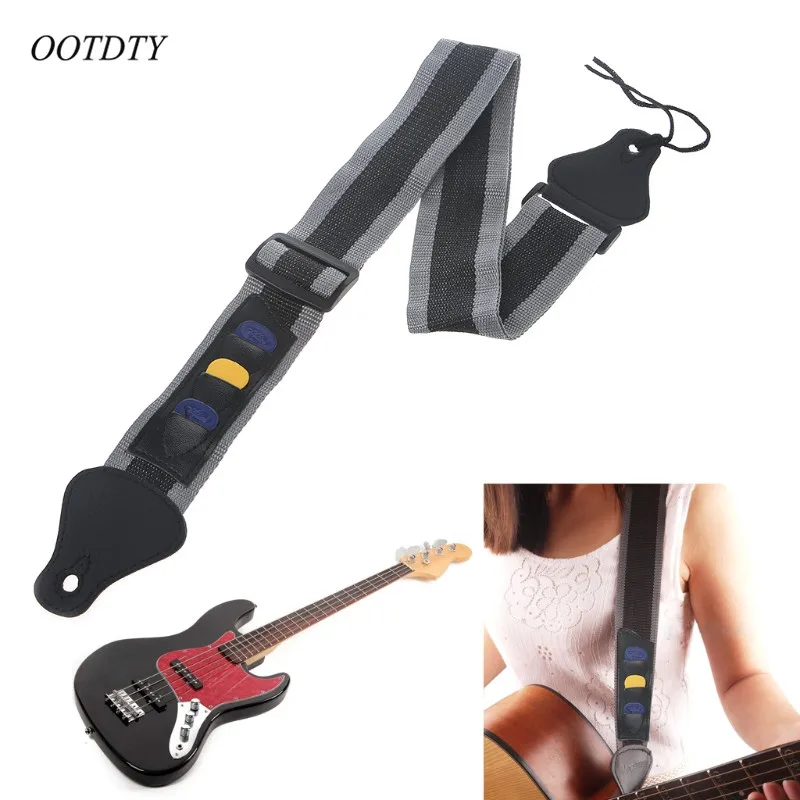 Electric Acoustic Bass Nylon Guitar Strap With 3 Pick Plectrums Holders