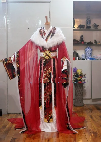 

Jin Li Vintage Chinese Childe Costume White Red Color Male Hanfu with Fur Opera Cape Cosplay Costume for Men