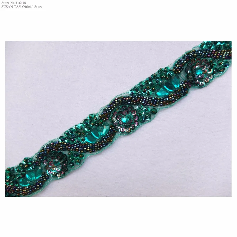 

New 3D Handmade Teal Blue Sequin Beaded Lace Trimmings Lace Ribbon Dance Wedding Collar Sleeve Decoration Sewing DIY Craft BT40E