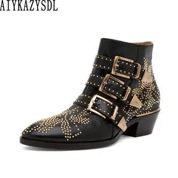 

AIYKAZYSDL Women Studded Genuine Real Leather Ankle Boots Flower Rivet Shoes Luxury Velvet Ankle Boots Motorcycle Bootie Heels