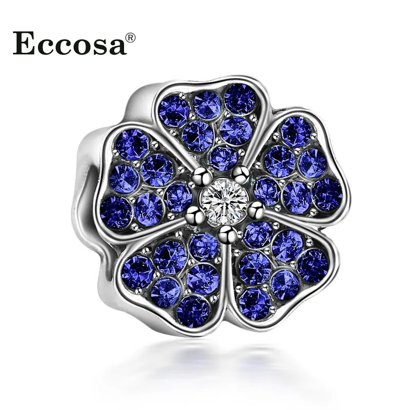 Fits Pandora Charms Bracelet Diy Charming Blue CZ Rhinestone Flower