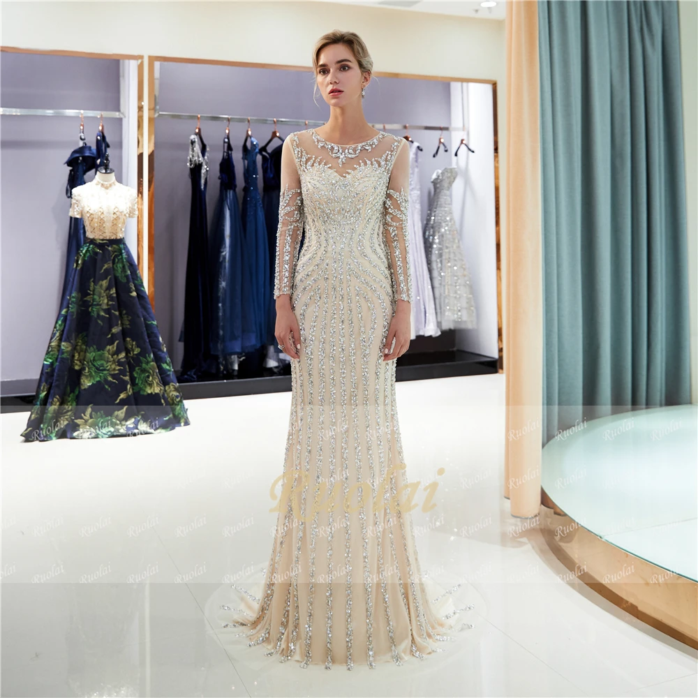 Luxury Beaded Evening Dresses Long Sleeves Scoop Mermaid Prom Dress 2019 Grey/Champagne Robe de Soiree SQ8