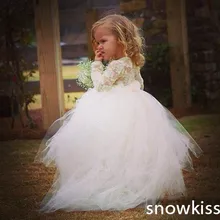 Милые тонкие кружева круглый вырез Бальные платья, симпатичные, с длинными рукавами, белый/цвета слоновой кости, с юбкой-пачкой, украшенные пайетками и бантом в виде цветка, платья для девочек для свадьбы День рождения