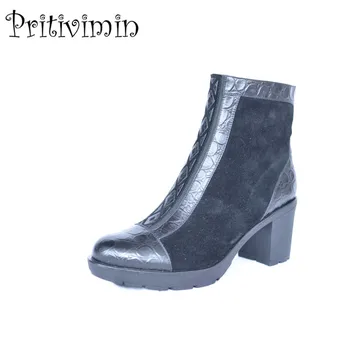 

2018 new women warm winter short boots laies plush lining ankle boots Ladies genuine leather handmade shoes Pritivimin FN22