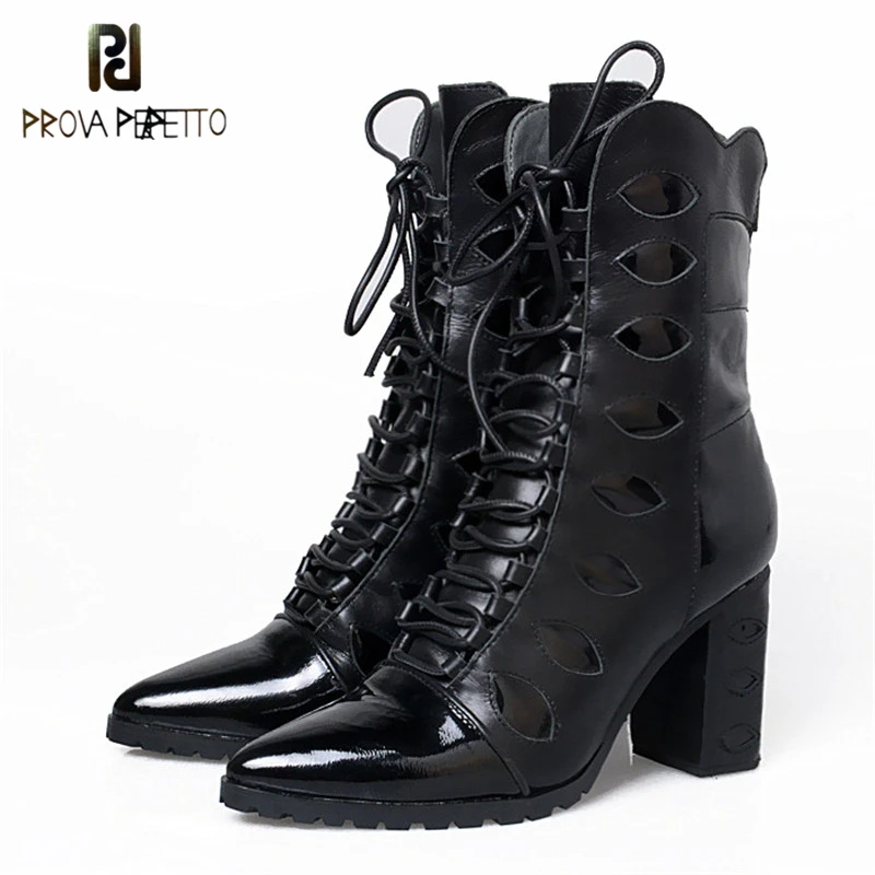 

Prova Perfetto Fashion Mature Design Hollow Out Patent Leather Patchwork Woman Boots Mixed Color Pointed Toe Chunky Heel Boots