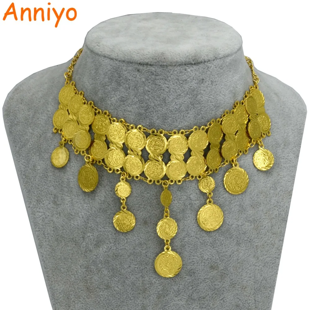 Anniyo 43cm + 6cm Metal Coin Necklace for Women's/Girls,Arab Gold Color Coins Charms Middle East Jewelry Africa Gifts #063806 stylish middle plant jacquard 6cm width coffee color tie for men