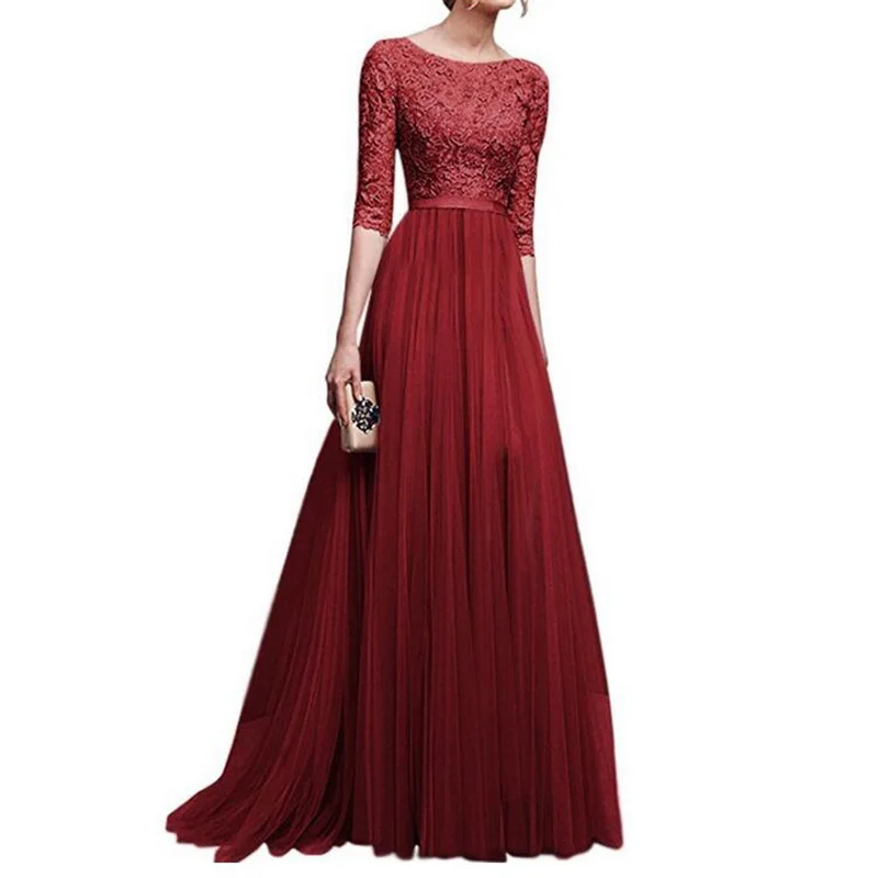 New elegant half sleeve chiffon lace stitching floor-length women party prom evening red long dress female clothing clothes - Цвет: Бургундия