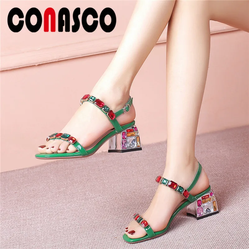 CONASCO 2019 Summer New Fashion Sweet Square Toe Heels Women Sandals Crystal Buckle Pumps Party Office Shoes Woman | Обувь