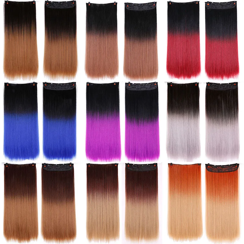 

DIFEI Long Straight Hair Extensions 3/4 Full Head Clip in Hair Extensions Ombre synthesis 2 Tones Natural black to Purple red