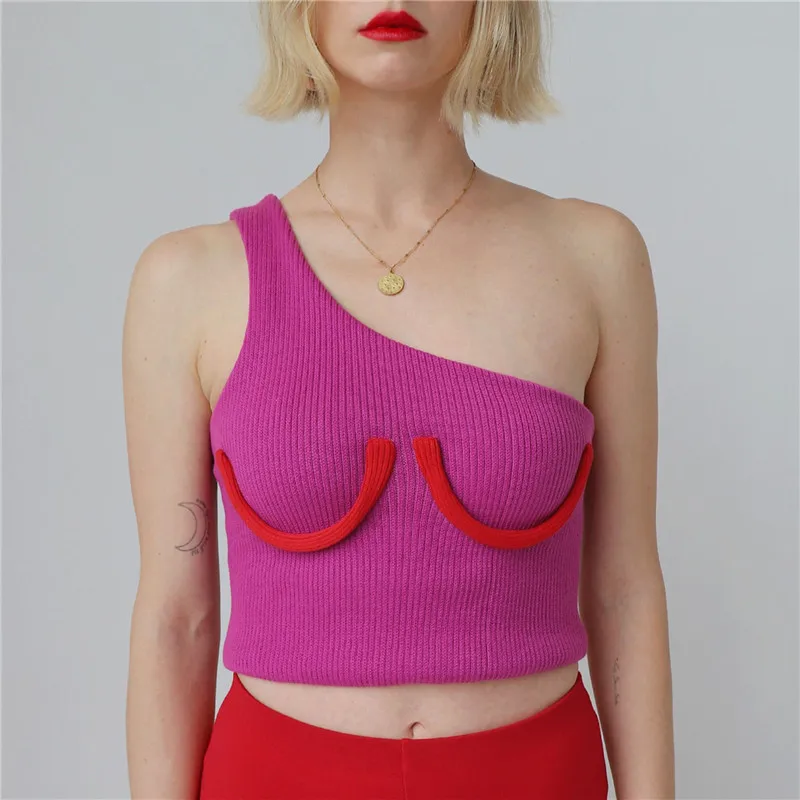 

Women Patchwork Contrast Color Tank Tops Women Summer Color Matching Outer Cup One Shoulder Tops Summer Fashion Hot Sale Tops