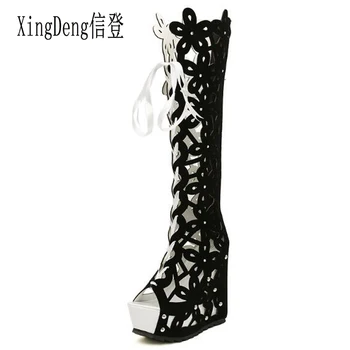 

XingDeng Ladies Party Dress Sexy Long Boots Shoes Women Platform Wedge Lace Up Hollow Over The Knee Bandage Summer Boots Shoes