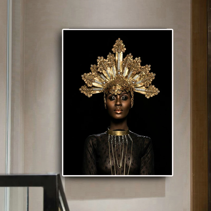Абстрактная Золотая Корона черная картина маслом с изображением Африканской женщины на холсте плакаты и принты скандинавские настенные картины для гостиной