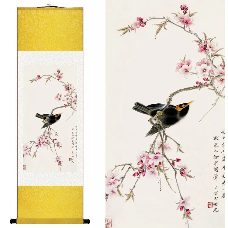 Regalos De Cuadro De Arte De Arte Asiático Decoración Tapicería-a 45x120cm Tapiz Hecho A Mano Chino De La Flor Y del Pájaro Pintura 18x47inch Colgante Oriental
