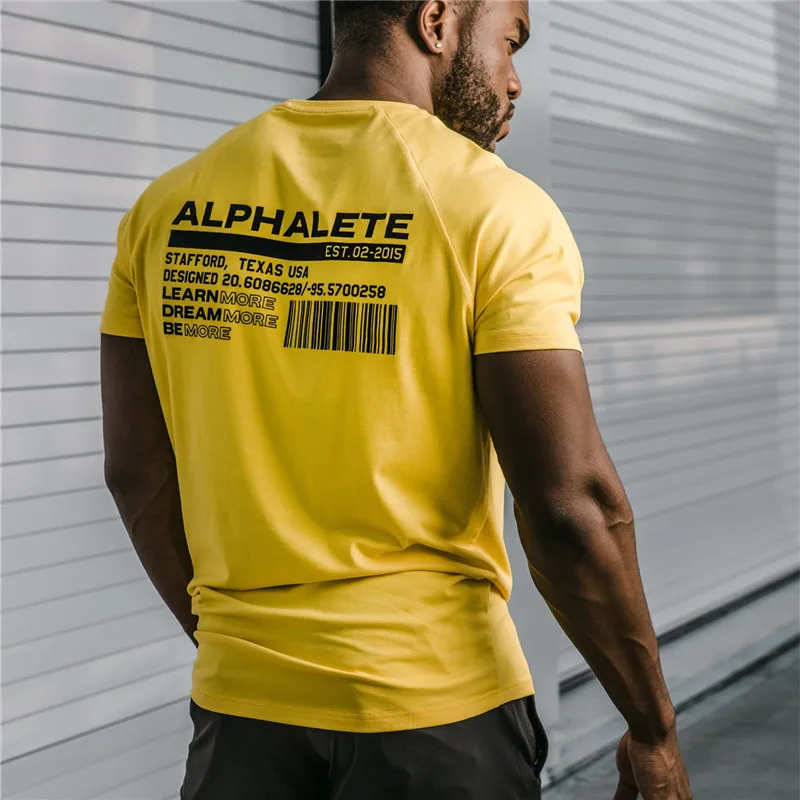 ALPHALETE летняя Новинка для мужчин тренажерные залы футболка фитнес бодибилдинг тонкие футболки Мода для отдыха с коротким рукавом хлопковые футболки топы - Цвет: yellow