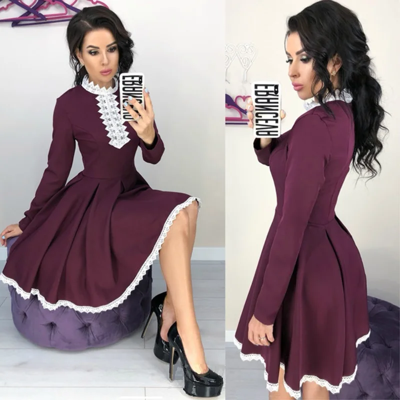 

Autumn Dress 2018 Women Long Sleeve Lace Patchwork Dress Fall A-Line Slimming Elegant Temperament Quality Mini Dress