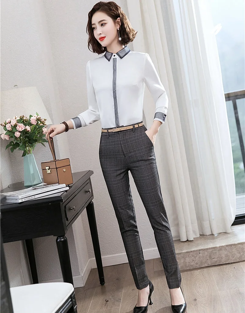 Fashion Ladies Work Blouses Women Business Suits 2 Piece Pant and Tops Sets OL Shirts Long Sleeve | Женская одежда