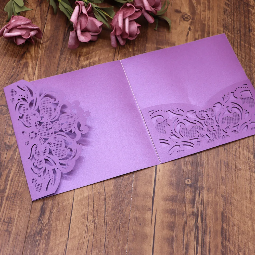  10pcs/pack Lace Laser Cut Wedding Invitation Card Cover Square Shinny Pearl Paper Carved Invitation - 33019991552