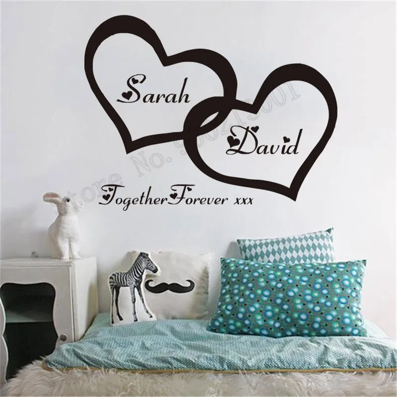 Custom Name Livingroom Wall Decoration Hearts Personalised Couple Sticker Romantic Mural Poster Decals LY1185 | Дом и сад
